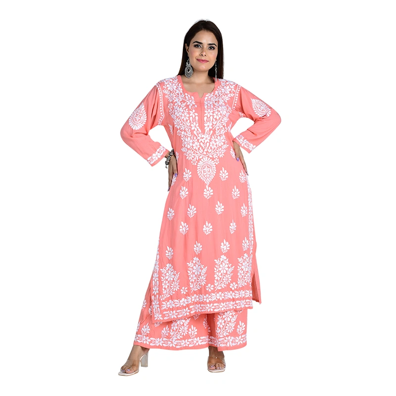 Female model in peach embroidered kurta with palazzo - ethnic wear ecommerce photography by Lohar Studio Delhi